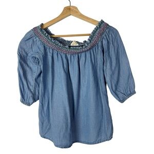 Harper Heritage Blue Chambray Smocked Off Shoulder Short Sleeve Top S